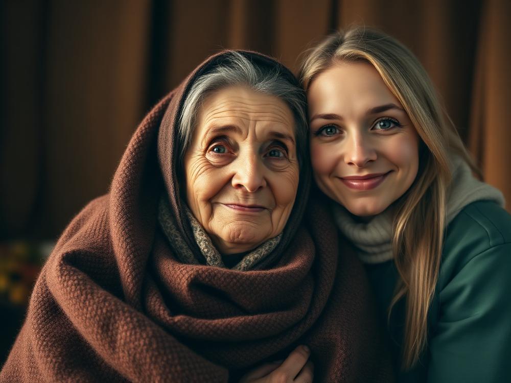 A young volunteer with an elderly woman wrapped in a warm blanket